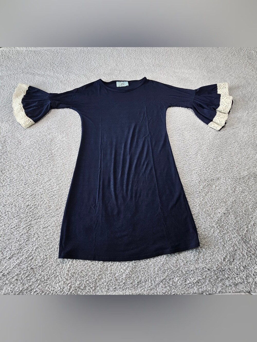 Judith March Navy Dress with Cream Lace Ruffled Sleeves